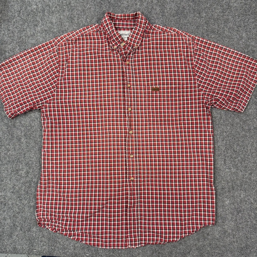 🧱 Carhartt Shirt Large L Red White Blue Plaid Short Sleeve Button Down